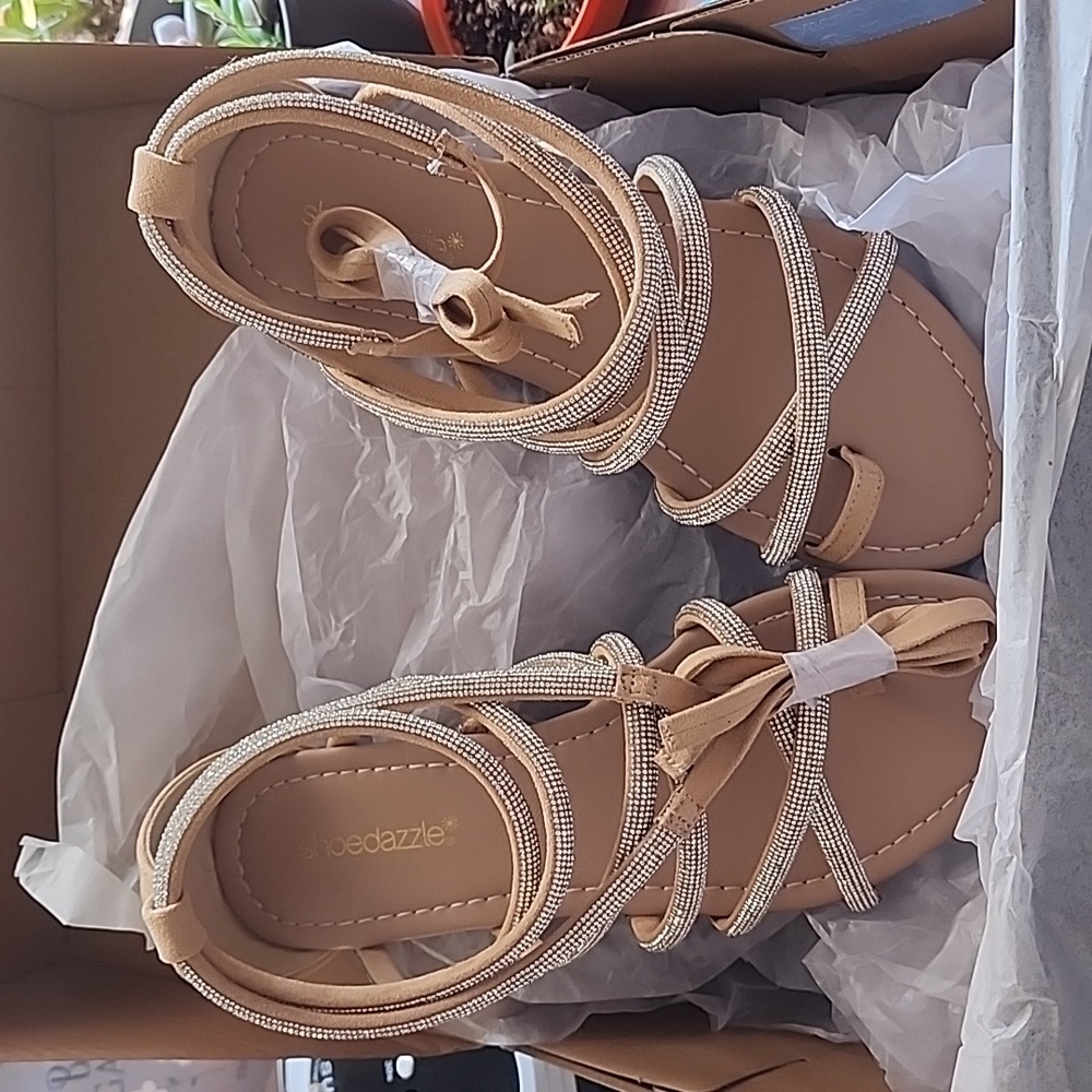 Parul sandals. Size 8, tan suede with rhinestone accents and ankle strap.